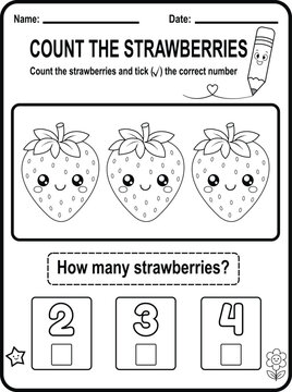 Cute preschool counting worksheet featuring kawaii strawberries. Printable black and white educational activity page designed for early math practice and number recognition.