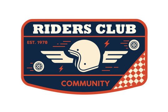 Vintage motorcycle riders club badge design featuring a winged helmet and checkered emblem.