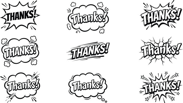 Set of comic book style speech bubbles with the word thanks written in bold lettering