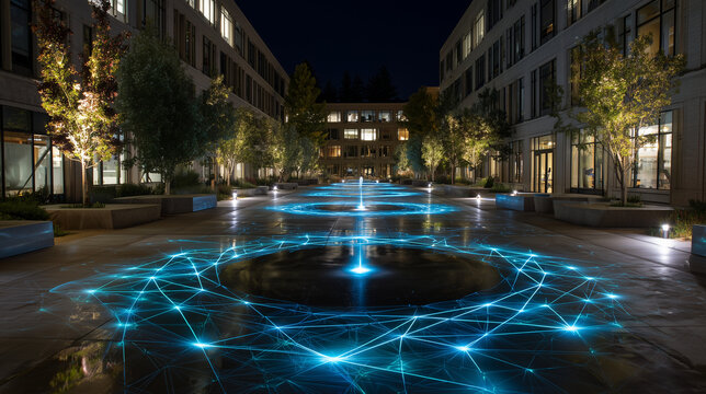 Night courtyard with glowing blue network across fountain basins and warm uplights on trees between office buildings