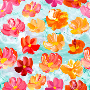 Seamless pattern of abstract red and orange flowers, original hand drawn, impressionism style, color texture, brush strokes of paint, white background.