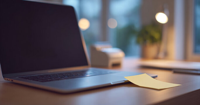 Modern laptop with sticky note on desk