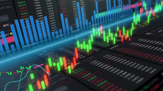 Financial growth analysis and global investment strategy on business interface, perspective panoramic stock market dashboard with candlestick chart