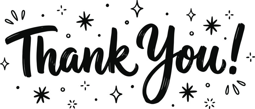 Black and white hand lettered thank you text with decorative stars and sparkles for greeting cards