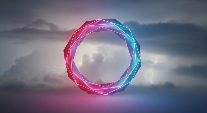 Abstract Geometric Ring with Neon Light, Cosmic Storm Background