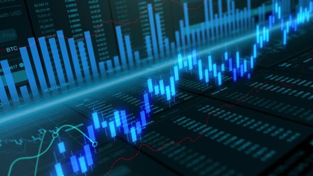 Financial growth analysis and global investment strategy on business interface, perspective panoramic stock market dashboard with candlestick chart