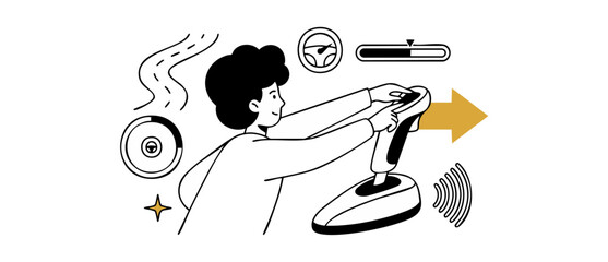 Autonomous car driving simulator illustration of a man operating joystick controller with digital HUD interface icons for smart vehicle tech concept, isolated line art vector graphic on white. © Dinali
