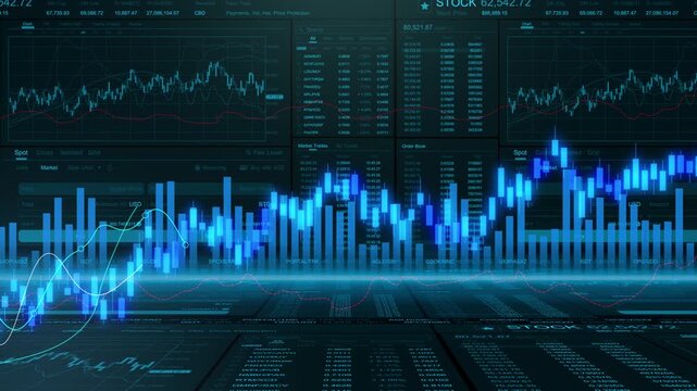 Perspective panoramic stock market dashboard with candlestick chart, financial growth analysis and global investment strategy on business interface