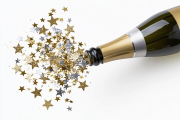Fototapeta premium The Champagne Bottle Releasing Gold and Silver Star Confetti in Celebration