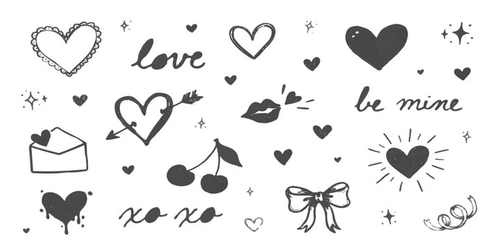 Set of hand drawn doodle hearts and romantic valentine symbols for love theme scrapbook and greeting cards
