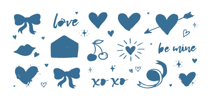 Set of blue hand drawn valentine elements with hearts bows and love messages for romantic greeting card design