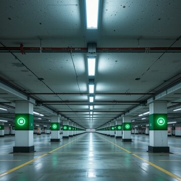 Looking up at the ceiling of a clean underground smart parking lot, showing a long row of green electronic slot available indicator lights