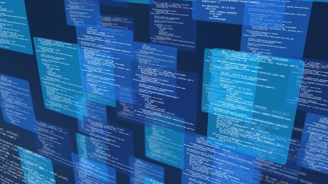 Abstract programming code on digital monitor with cybersecurity interface, software development, binary data, encryption and cloud computing technology background