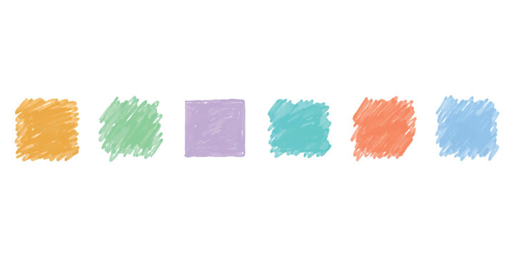 Set of colorful hand drawn square shapes with scribbled texture for design elements and creative bullet points