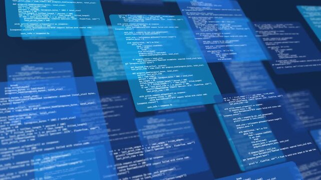 Code typing multi window abstract programming code on digital monitor with cybersecurity interface, software development, binary data encryption