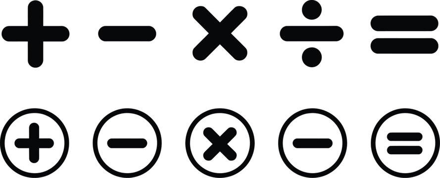Math Symbol Icons Featuring Plus, Minus, Multiply, Divide and Equal Signs for Education, Calculator and User Interface Vector Illustration