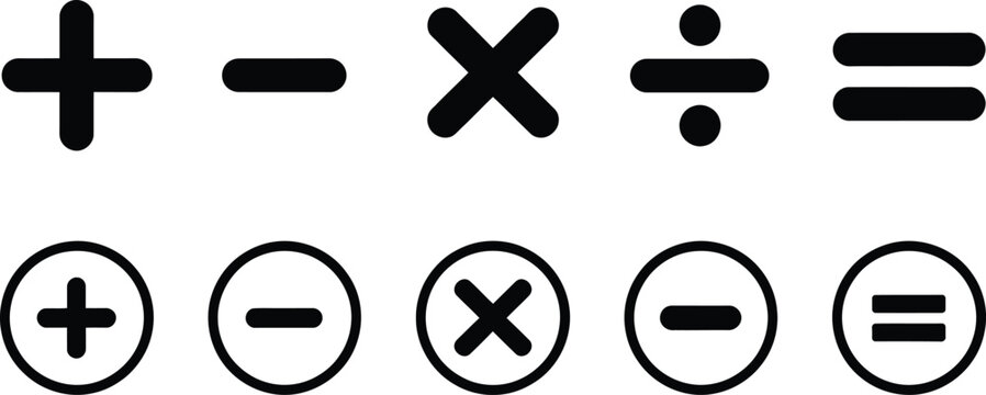 Math Symbol Icons Featuring Plus, Minus, Multiply, Divide and Equal Signs for Education, Calculator and User Interface Vector Illustration