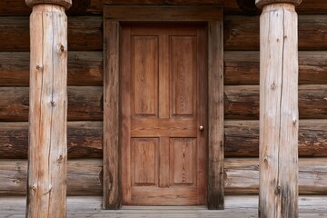 Obraz premium The Rustic Wooden Door Framed by Weathered Log Cabin Columns and Porch