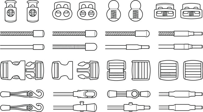 Plastic cord locks side release buckles and drawstring ends line art icon set vector illustration