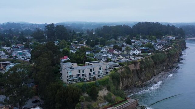 Aerial reveal of Capitola Village morning