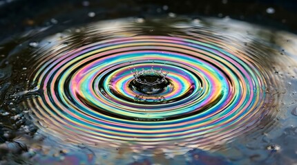 Obraz premium Vibrant iridescent water drop creating concentric ripples on a dark liquid surface captured with high speed macro photography lens detail