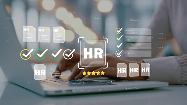 Businesswoman working in modern office with animated HR icon, employee onboarding documents, approval checklist, personnel records and digital workforce administration platform