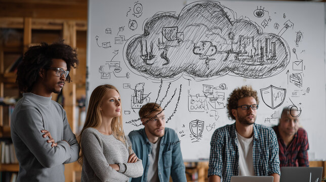 Four colleagues leaning over laptops brainstorming in office with whiteboard cloud diagram and sketches