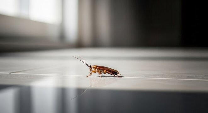 A brown cockroach scurrying across a tiled floor