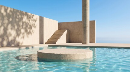 Obraz na płótnie Canvas Modern spa oasis with infinity pool, stairs, and ocean view at sunrise