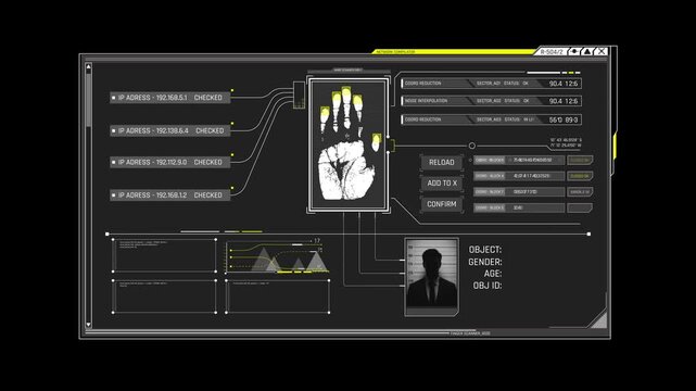 Futuristic Sci Fi HUD OS Window Palm Print Biometric Scanner and IP Address Tracing Interface for Cyber Security and Intelligence
