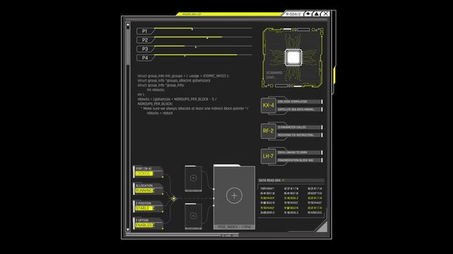 Futuristic Sci Fi HUD OS Window CPU Microchip Diagnostics and Hardware Telemetry Interface for Cyber Security and AI Computing