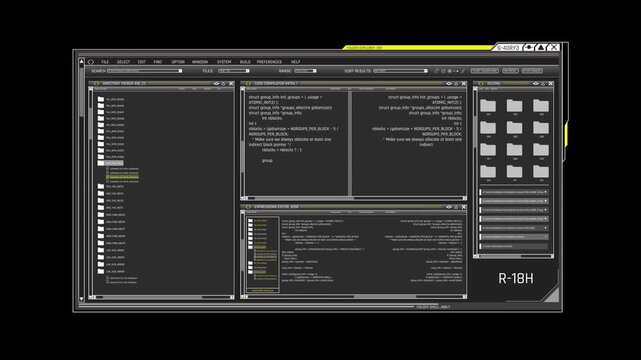 Futuristic Sci Fi HUD OS Window File Manager Directory Viewer and Code Compiler Interface for Cyber Hacking and Data Processing