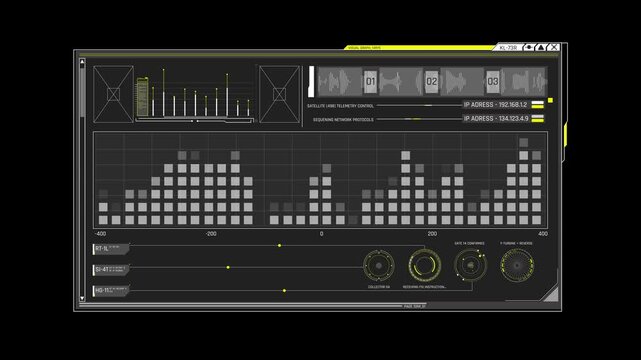 Futuristic Sci Fi HUD OS Window Audio Waveform Spectrum Equalizer and Satellite Telemetry Interface for Cyber Security and Signal Processing