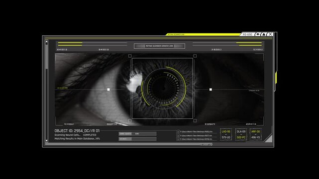 Futuristic Sci Fi HUD OS Window Retina and Iris Scanner Interface for Biometric Security Verification and Target Identification