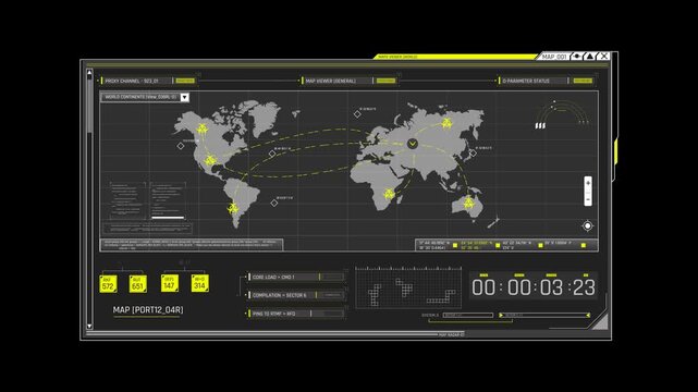 Futuristic Sci Fi HUD OS Window World Map Surveillance and Global Proxy Tracking Interface for Satellite Telemetry and Cyber Security
