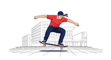 Naklejka premium Athletic young skateboarder performs an impressive jump trick on his skateboard with a schematic building background.
