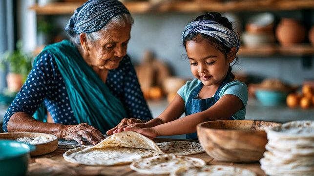Grandmother and granddaughter making traditional roti together in a warm kitchen, cultural family tradition, love and heritage , with copy space