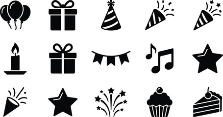 Naklejka premium Black silhouette icons for celebrations balloons gifts and party decorations
