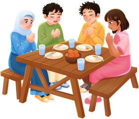 Children of Different Faiths Praying Before a Meal as Practice of the First Principle of Pancasila Illustration
