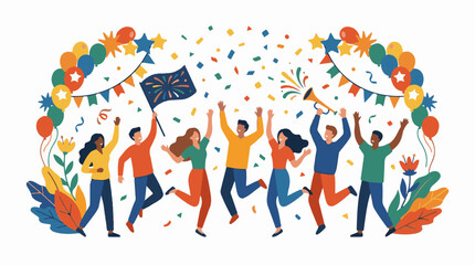 Fototapeta premium Diverse group celebrates joyfully with balloons confetti and a flag