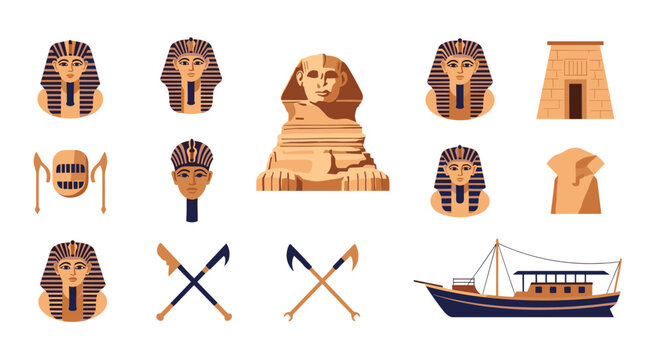 Extensive collection of classic Egyptian symbols and historical artifacts isolated on a plain white background.