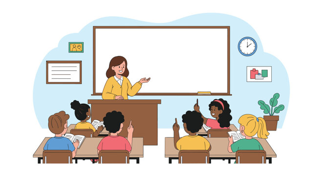Friendly young female teacher presenting an educational lesson to a diverse classroom of young active students.