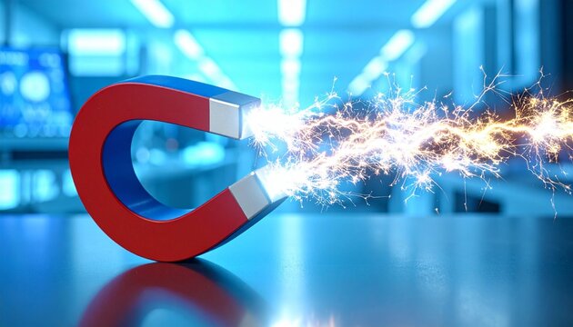 A powerful magnet crackles with electric sparks, red and blue poles glowing, symbolizing energy, attraction, and the dynamic force of electromagnetism in motion.