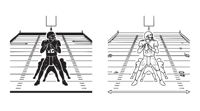quarterback vector silhouette with line art pair icon on football field