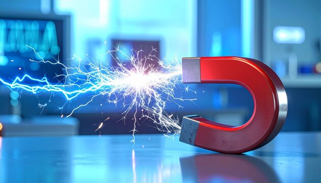 A powerful magnet crackles with electric sparks, red and blue poles glowing, symbolizing energy, attraction, and the dynamic force of electromagnetism in motion.