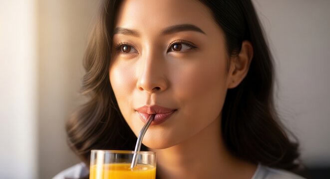 Young Asian woman drinking orange juice from a glass with a metal straw.