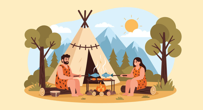 Prehistoric caveman and cavewoman roast fresh fish over a campfire next to their tribal teepee tent in the valley.