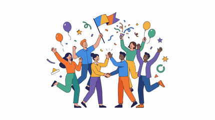 Fototapeta premium Diverse group celebrating with confetti balloons and a flag