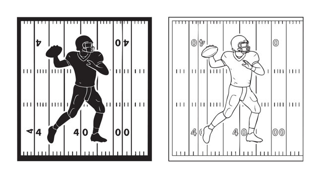 vector silhouette with line art pair icon of quarterback on football field