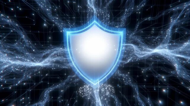 A bright shield shape with luminous network strands in a digital style on a dark backdrop, symbolizing security and protection